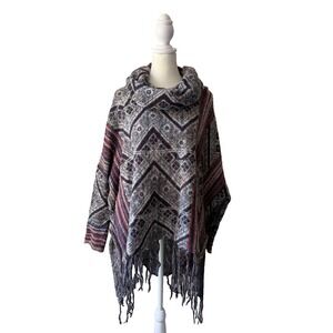 Free People Boho Knit Fringe Poncho Sweater L Multicolor Cowl Neck Aztec Pattern